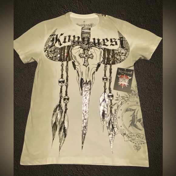KonQuest RARE MEN’s skull T-Shirt Swarovski crystals & studded NWT size S. - Picture 1 of 13